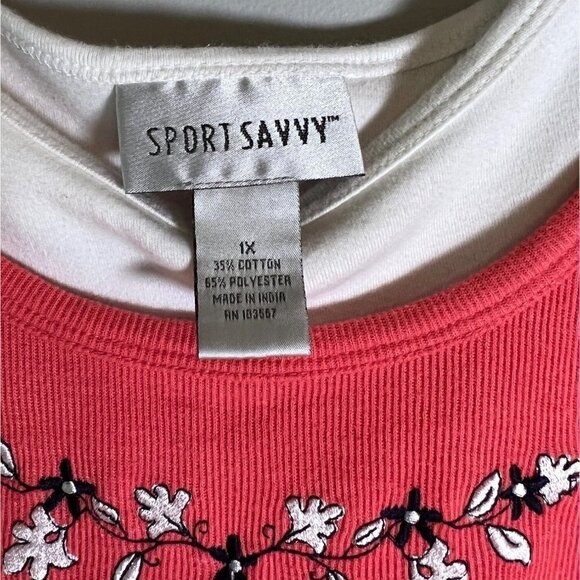 SPORTS Savvy Women's Vintage Flower Embroidered Coral & White 3/4 Sleeve Size 1X - Picture 11 of 11